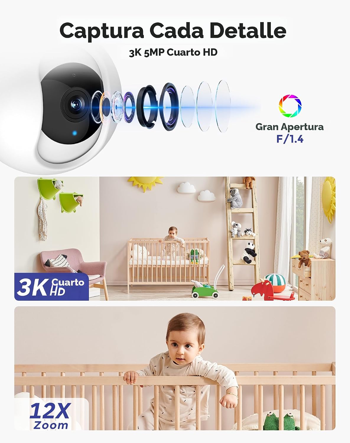 Hugolog - Cámara de seguridad para interiores de 3K 5MP con inclina...