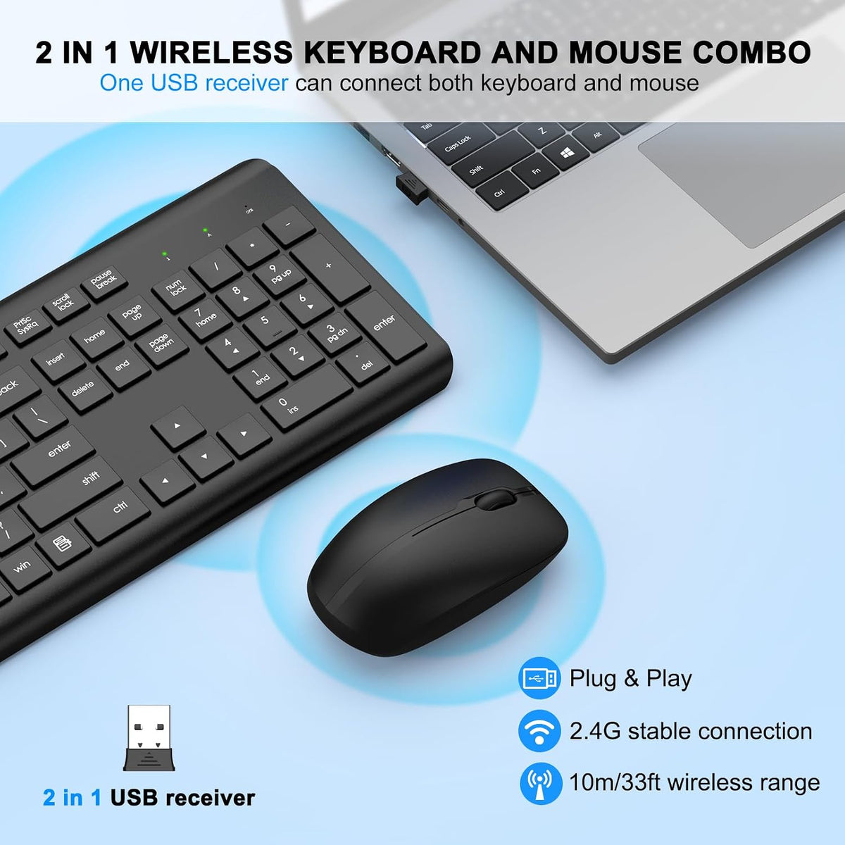 Combo de teclado y mouse inalámbricos, teclado ergonómico silencios...