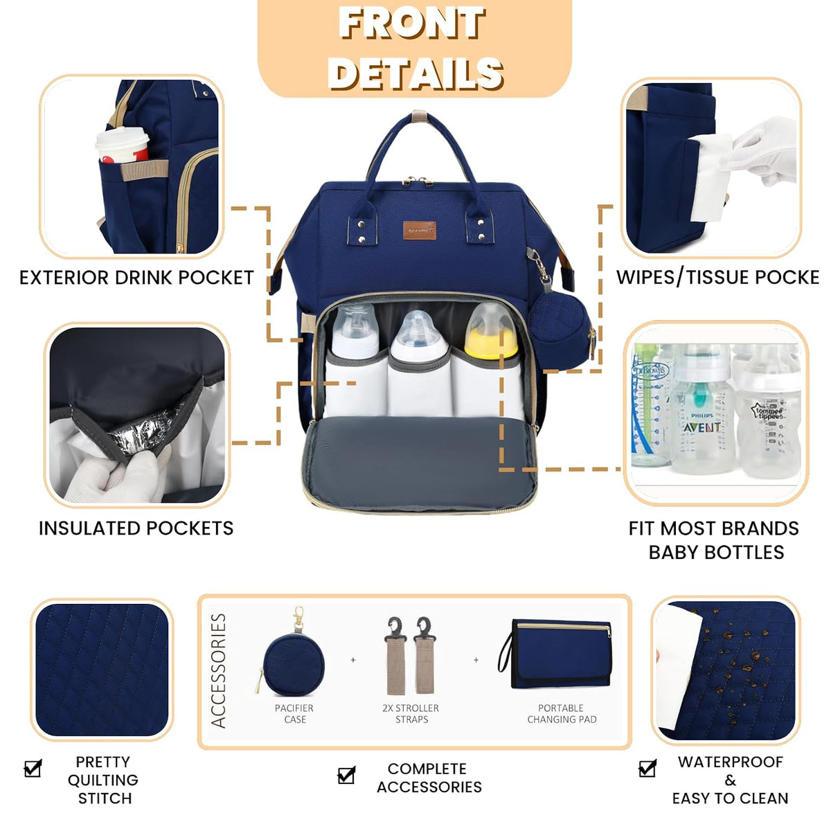 ROSEGIN Mochila para pañales con cambiador, funda para chupete, bol...