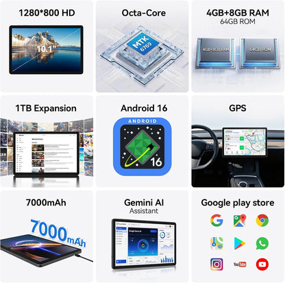 Tableta Android 16 mejorada 2026 con Gemini AI, tabletas de 10.1 pu...
