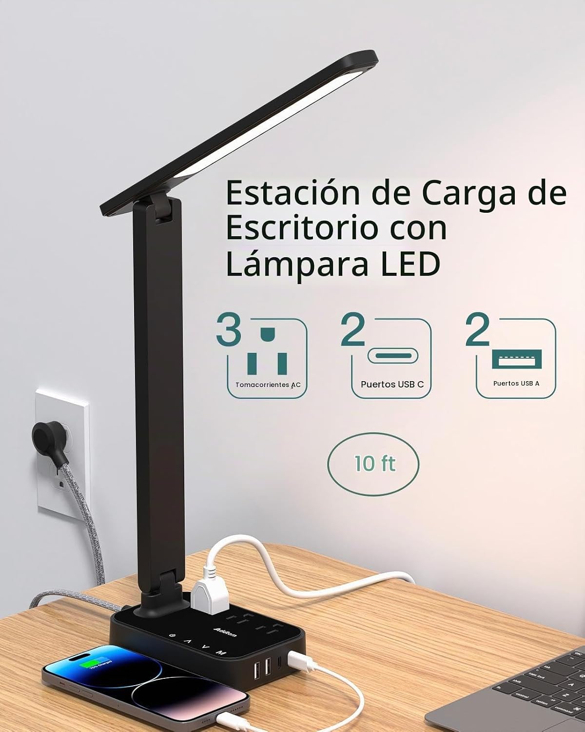 Addtam Lámpara LED de escritorio, tira de alimentación con 3 tomas,...