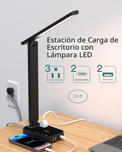 Addtam Lámpara LED de escritorio, tira de alimentación con 3 tomas,...