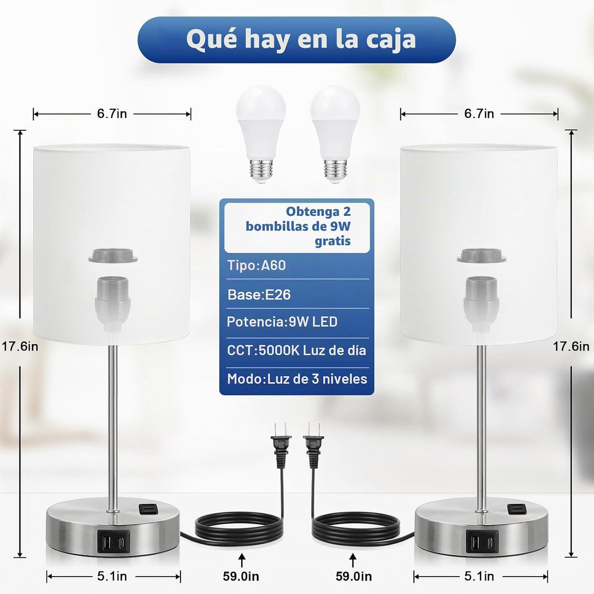 Juego de 2 lámparas táctiles plateadas de 17.6 pulgadas para dormit...