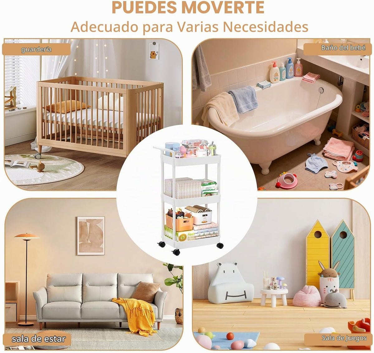 Carrito para pañales Volnamal, carrito rodante de 3 niveles para ar...
