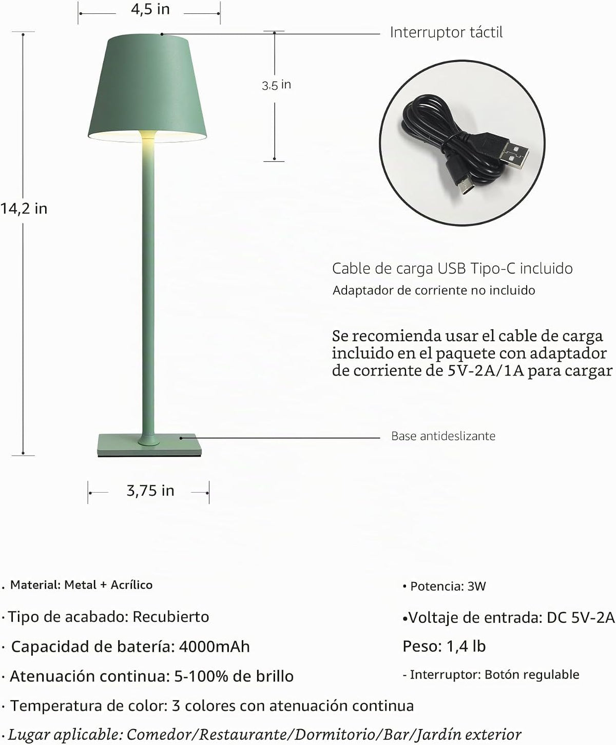 KDG Paquete de 2 lámparas de mesa verdes inalámbricas, lámparas de...