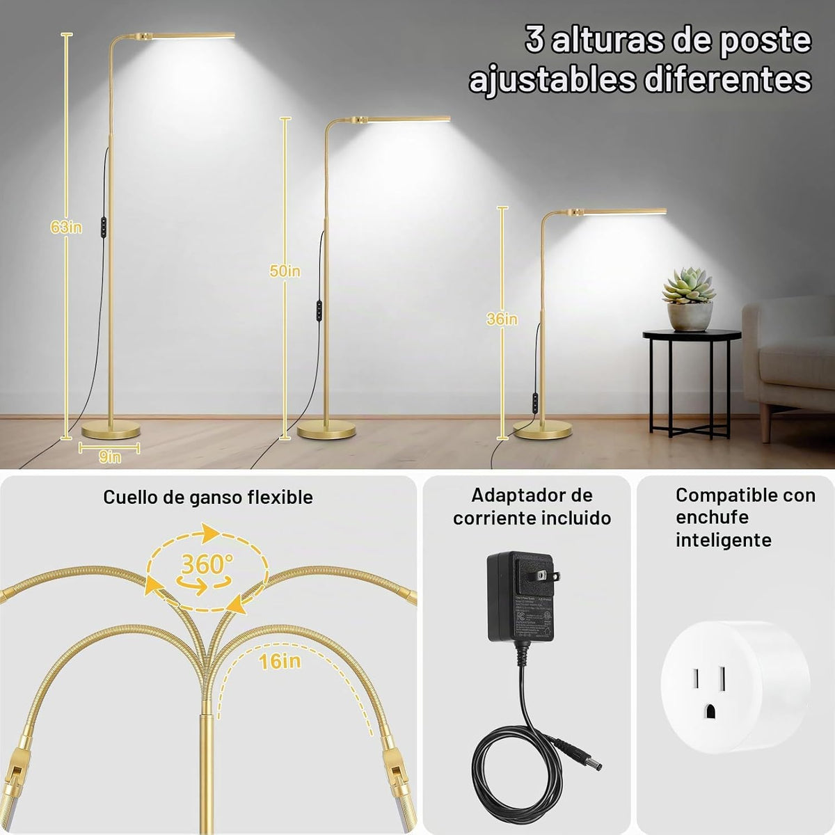 Lámpara de pie dorada, 18 W\/2000 lúmenes, lámpara de pie LED brill...