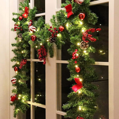 MorTime Guirnalda de Navidad LED de 9 pies con piñas, lazos de baya...