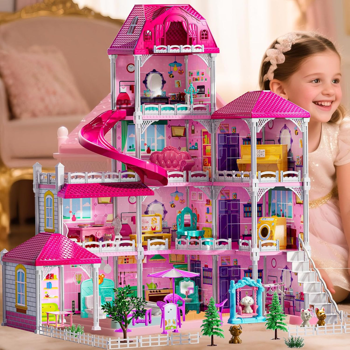 JUKUDAHU Villa Playset para niñas de 3 a 7 años, casa de 4 plantas,...