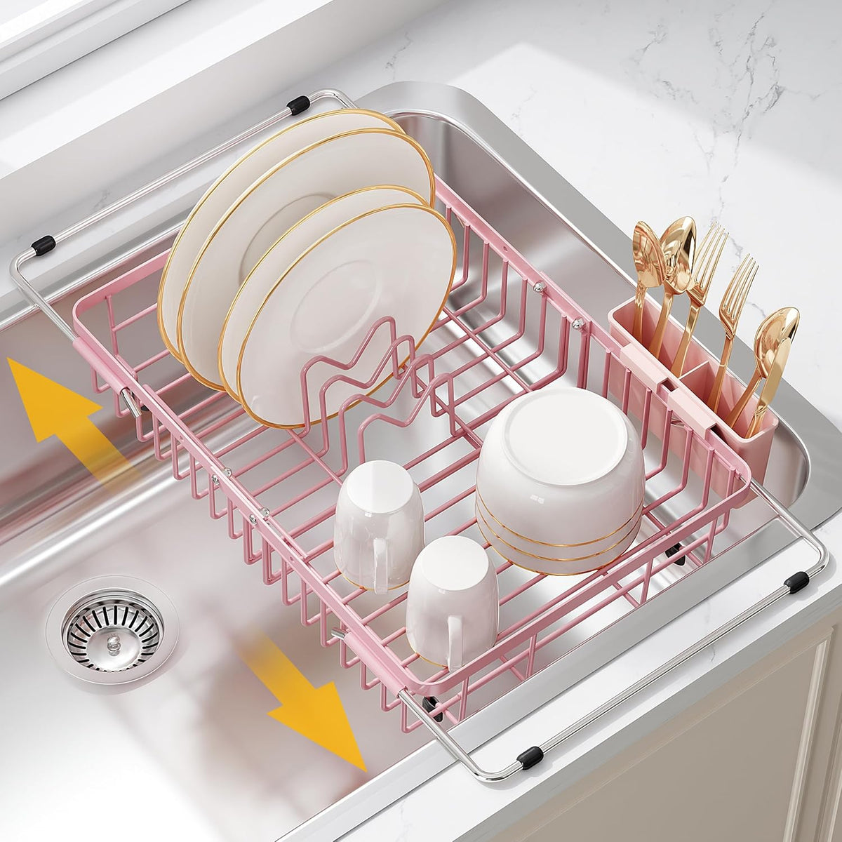 JASIWAY Escurridor de platos rosa sobre el fregadero con soporte pa...