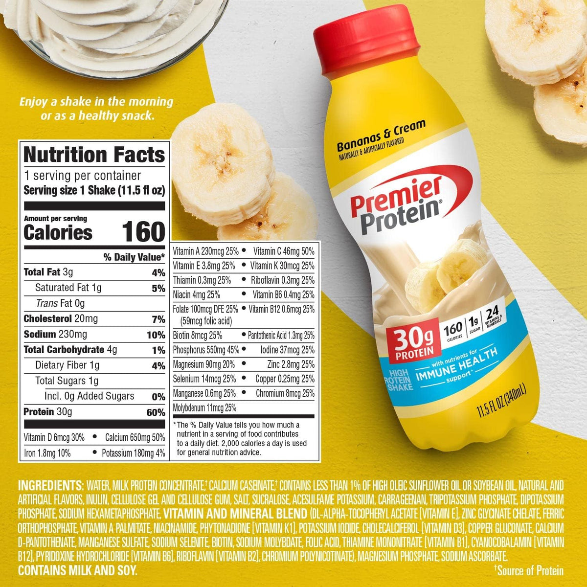 Premier Protein Batido, plátanos y crema, 1.06 oz de proteína, sin...
