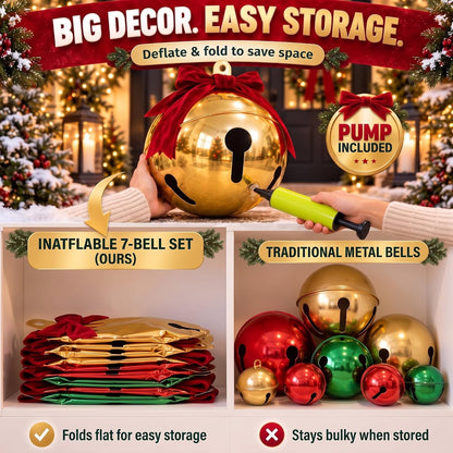 7 bolas inflables de Navidad con lazos de terciopelo, cascabeles gi...