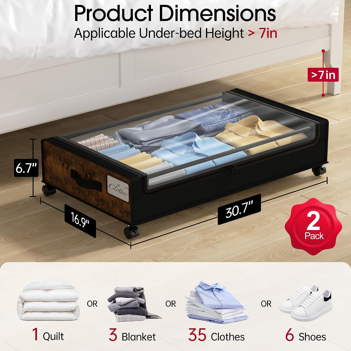 Yecaye Almacenamiento debajo de la cama con ruedas, paquete de 2 co...