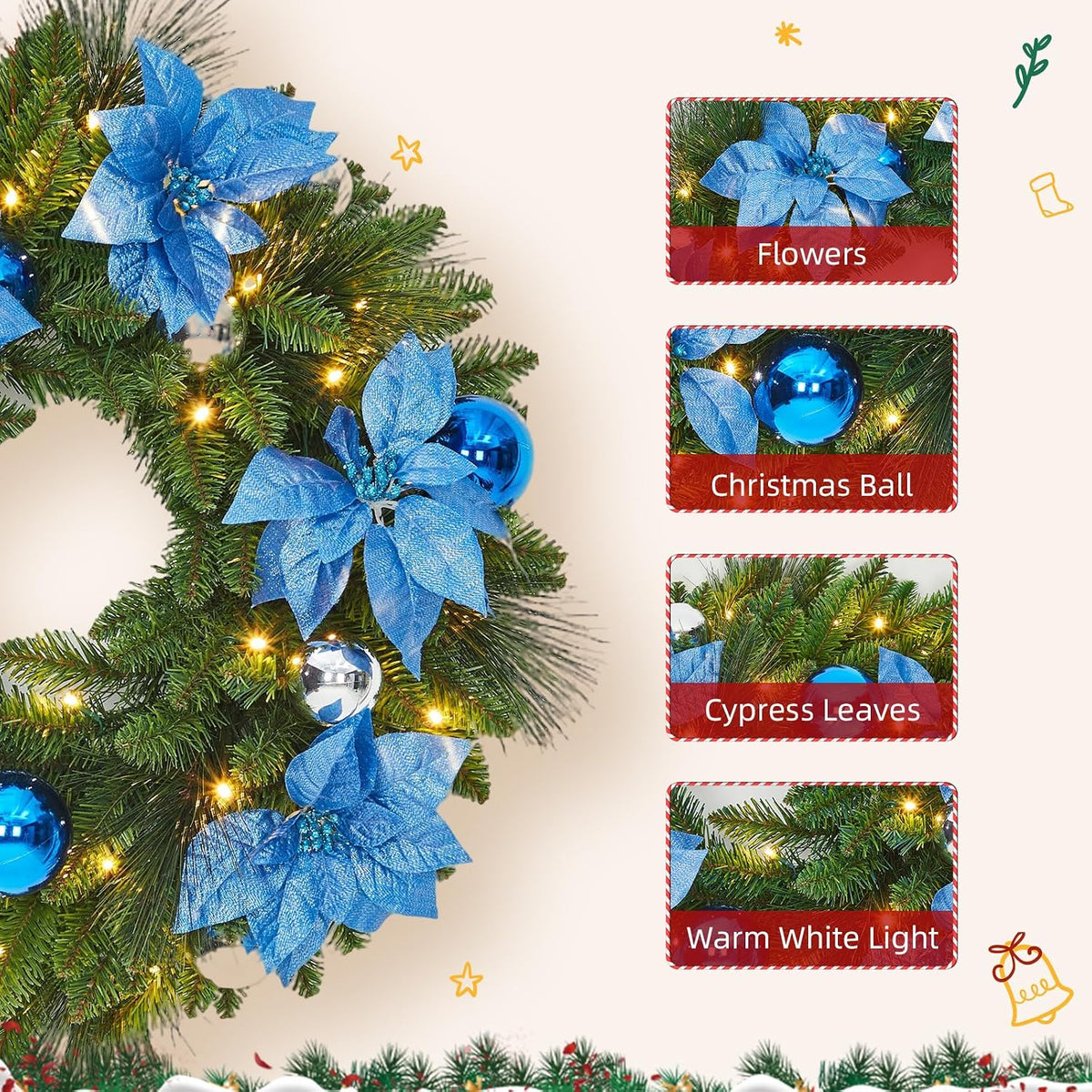 Garvee Corona de Navidad de 24 pulgadas con Flores, Hojas de Ciprés...