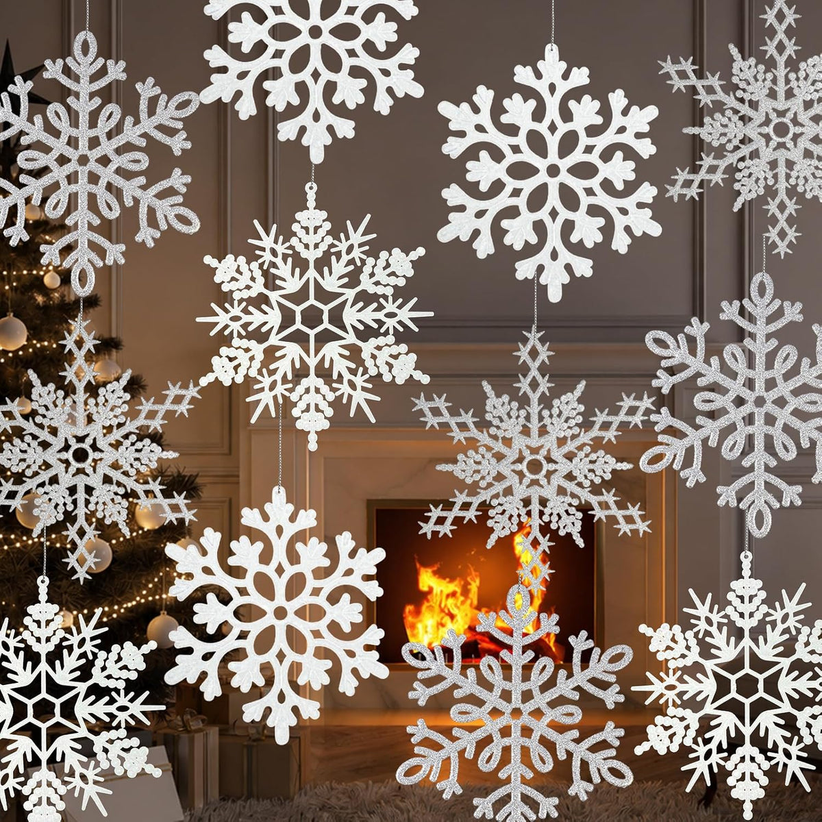 12 piezas de decoraciones grandes de copos de nieve navideños, gran...