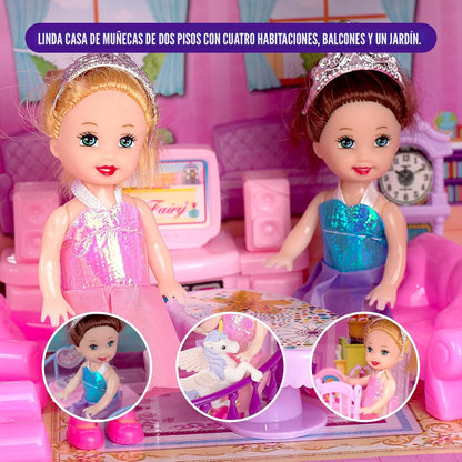 Casa de muñecas con 2 princesas, 4 unicornios, perro, muebles y acc...
