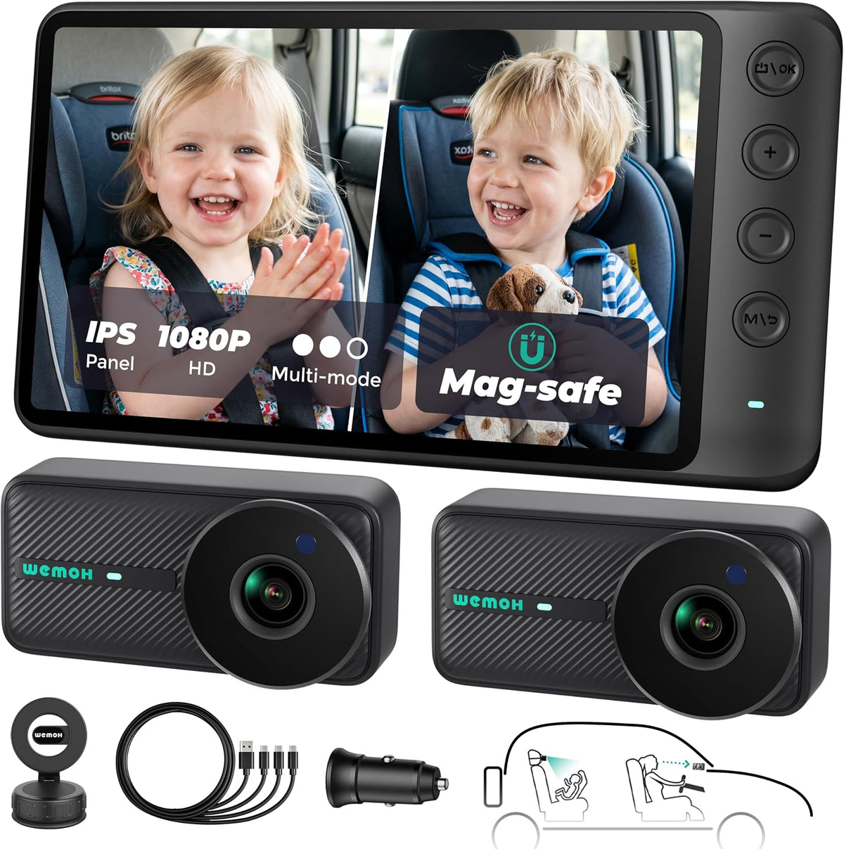 WEMOH Cámara magnética del coche del bebé para 2 niños with1080P IP...