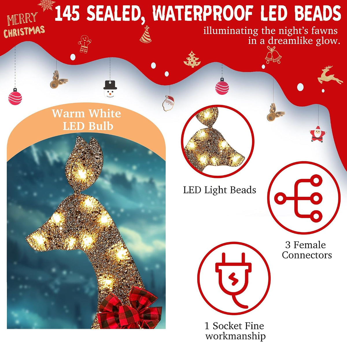 Decoración de ciervo de Navidad con iluminación dorada 2.5D de 48 p...