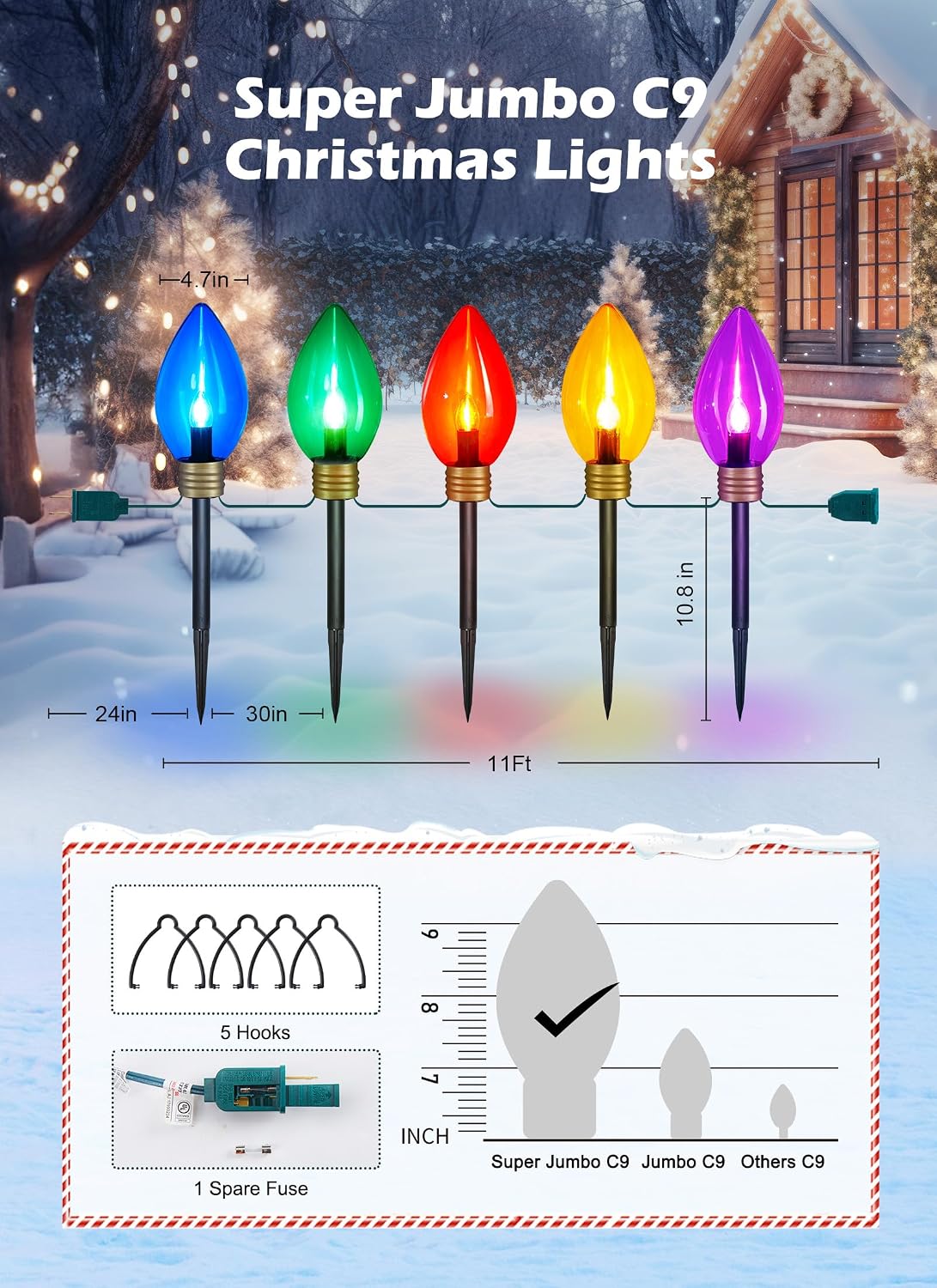 Super Jumbo C9 - Luces de camino de Navidad, 11 pies, 5 luces LED p...