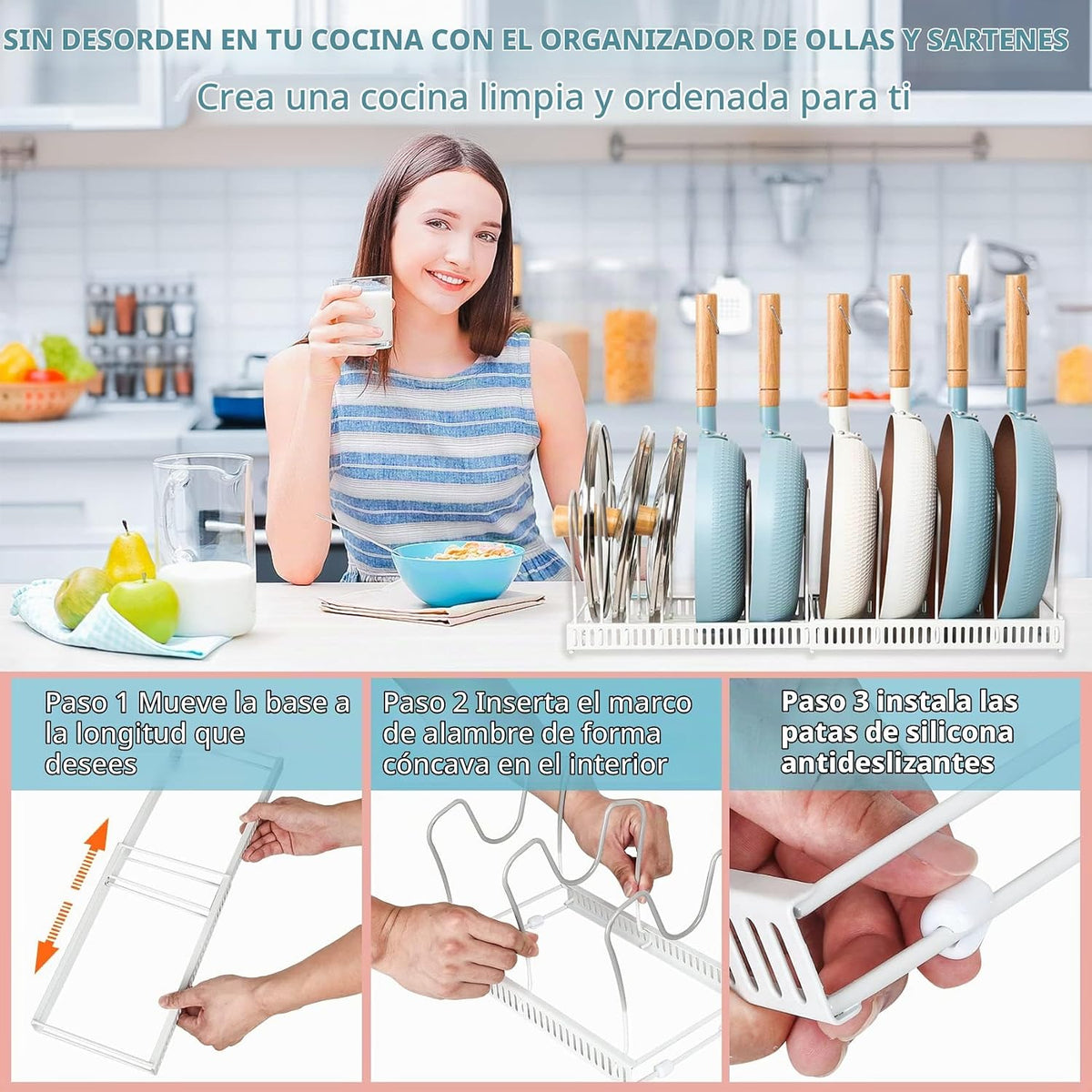 ROOHUA Estante organizador de tapas de ollas y sartenes para debajo...