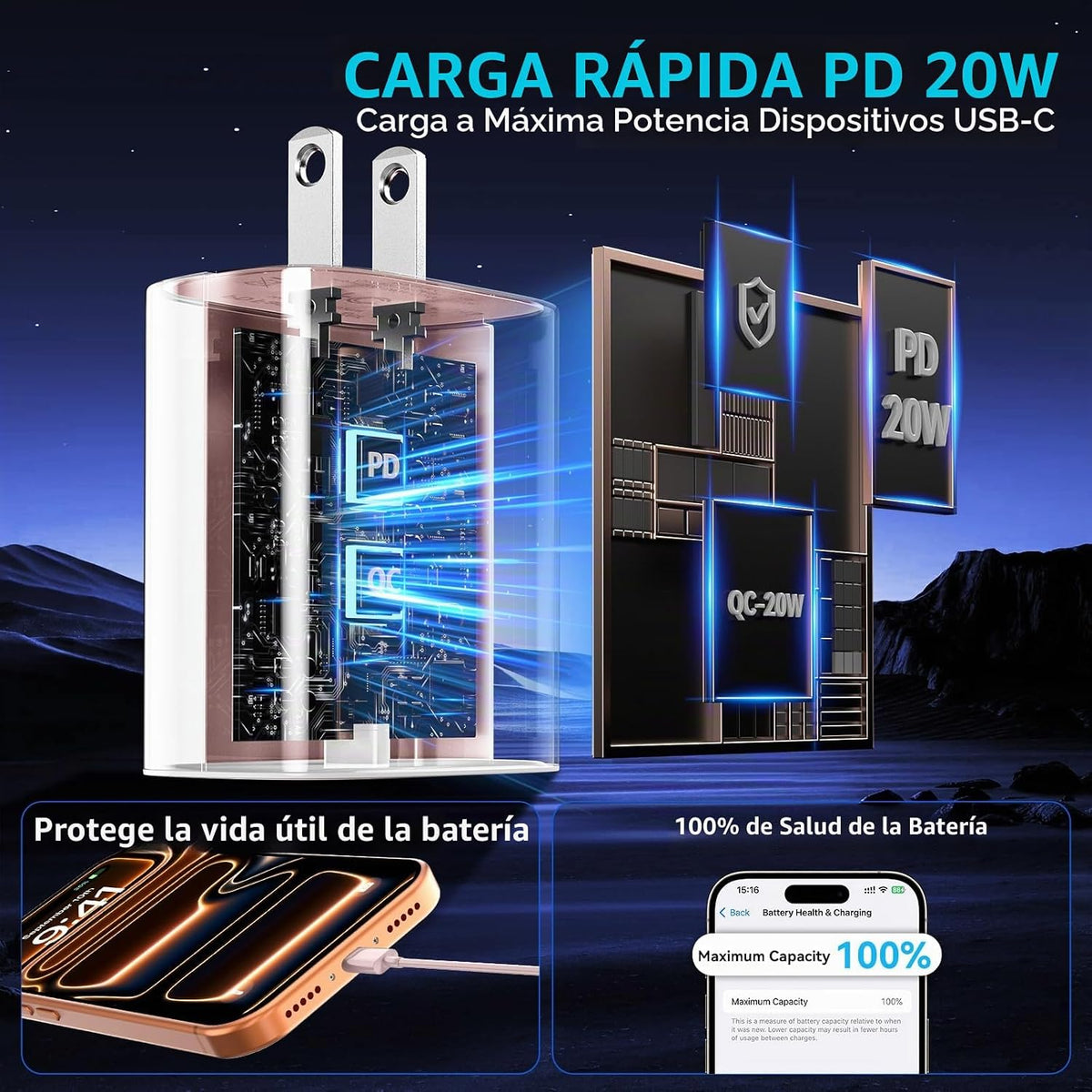 Teléfono 18 17 16 Pro Max Cargador de carga rápida, cargador Duo US...