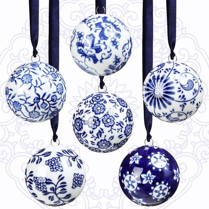 Cindeer - 6 bolas de porcelana de Navidad azules y blancas, estilo...