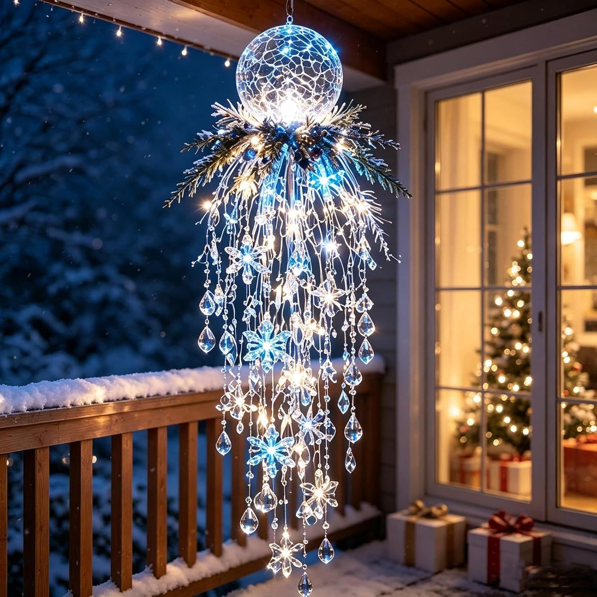 Luz de Navidad en cascada de cristal, copo de nieve colgante y deco...