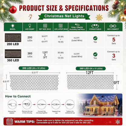 Dazzle Bright - Red de luces de Navidad de 12 pies x 5 pies, 360 lu...