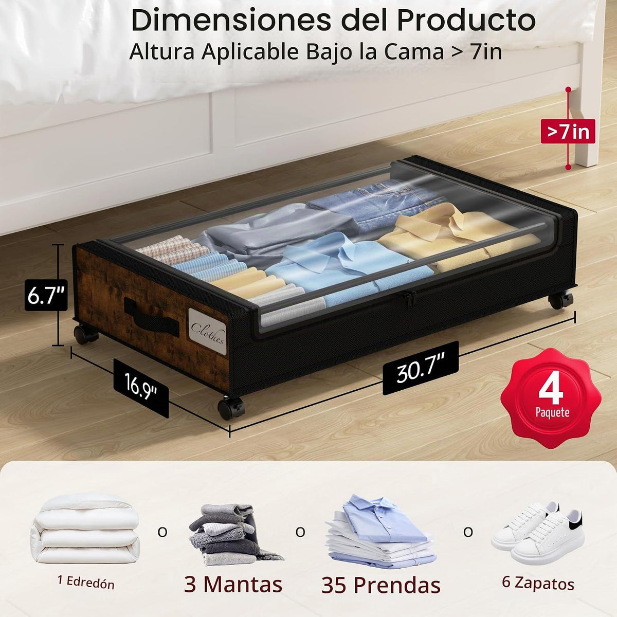 Yecaye Almacenamiento debajo de la cama con ruedas, paquete de 4 co...