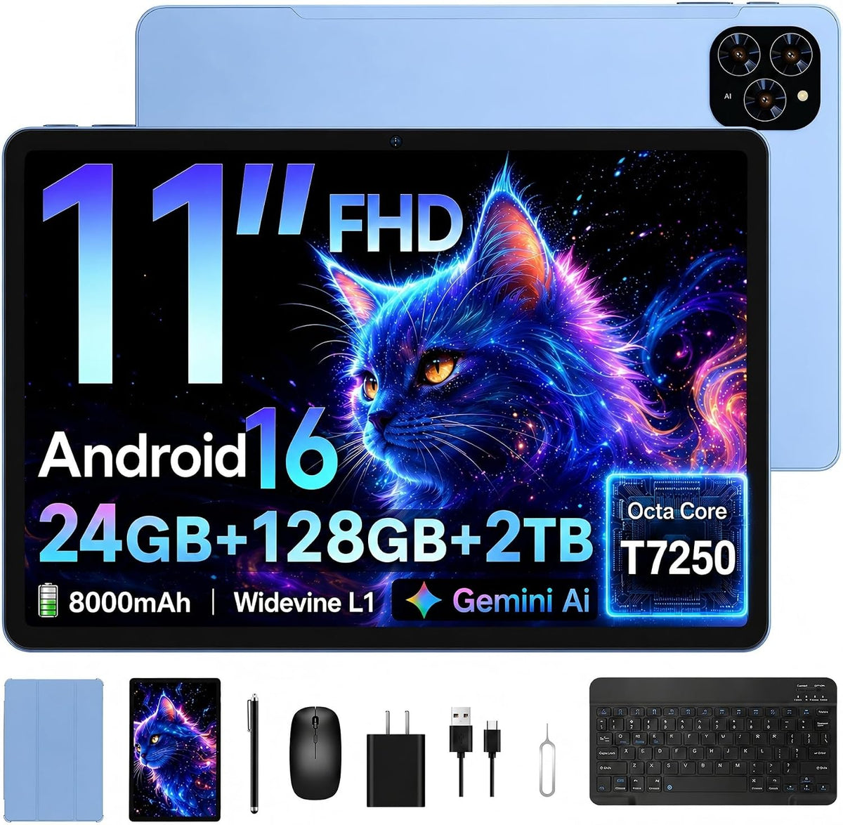 TABWEE Tableta, 11 pulgadas 2K Android 16 tabletas con teclado 24GB...