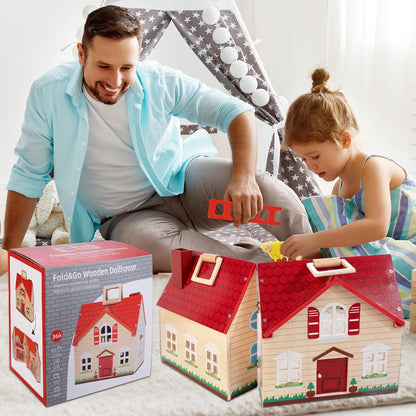 WOODMAM Casa de muñecas plegable de madera con muebles para juegos...