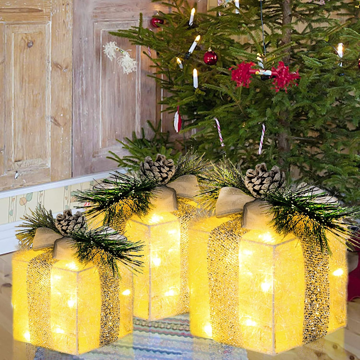 Hourleey Juego de 3 cajas de regalo iluminadas de Navidad, 60 cajas...