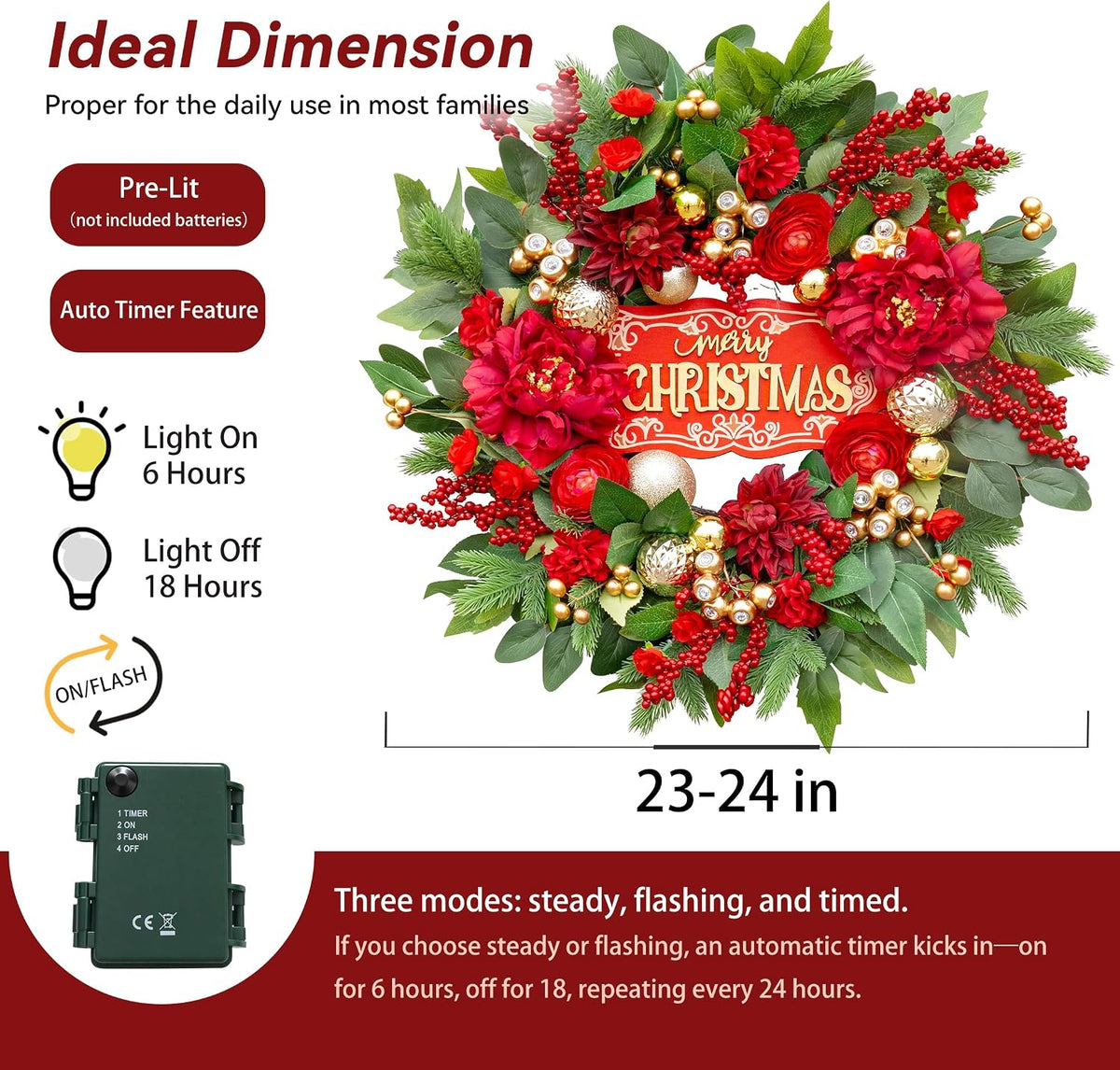Coronas de Navidad para puerta delantera, corona de Navidad de 24 p...