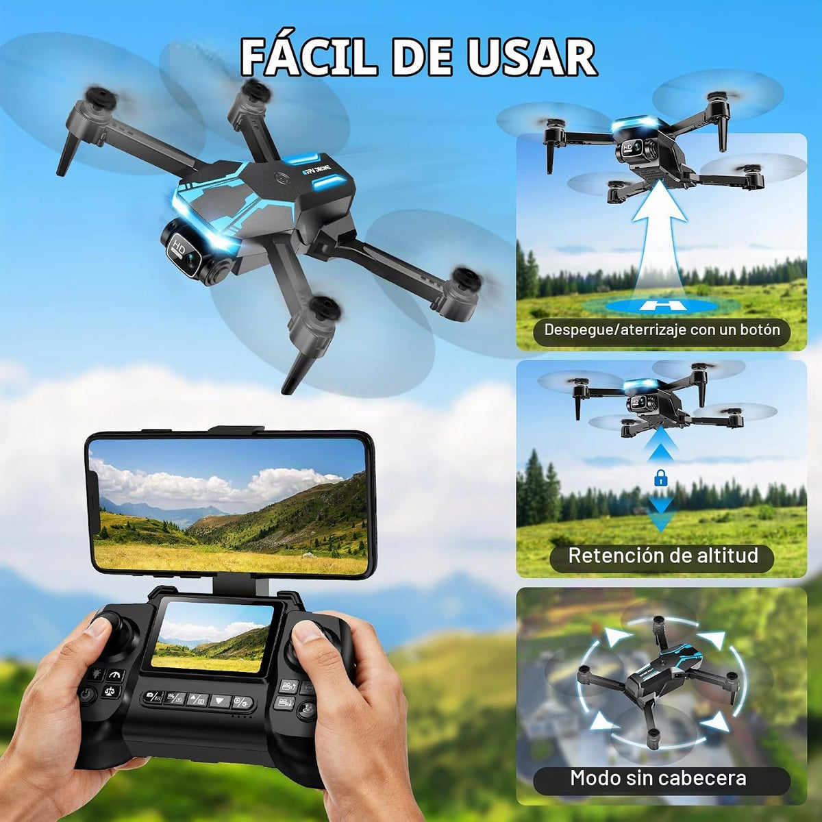 Drone con cámara y pantalla en el controlador, dron plegable 1080P...
