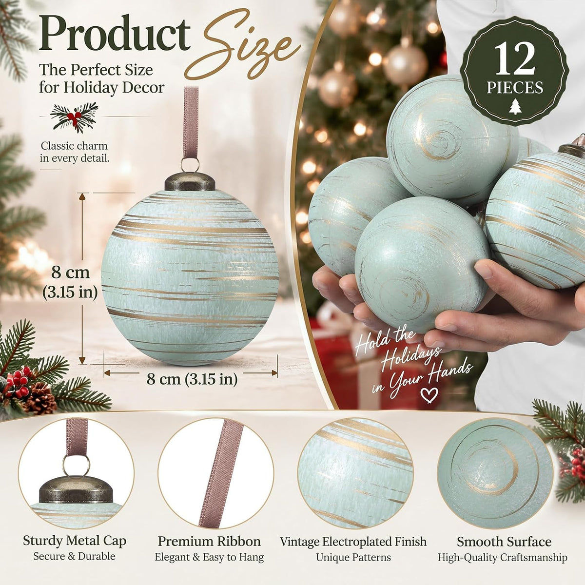 Yunlly 12 adornos de Navidad neutros, verde salvia, 3.15 pulgadas |...