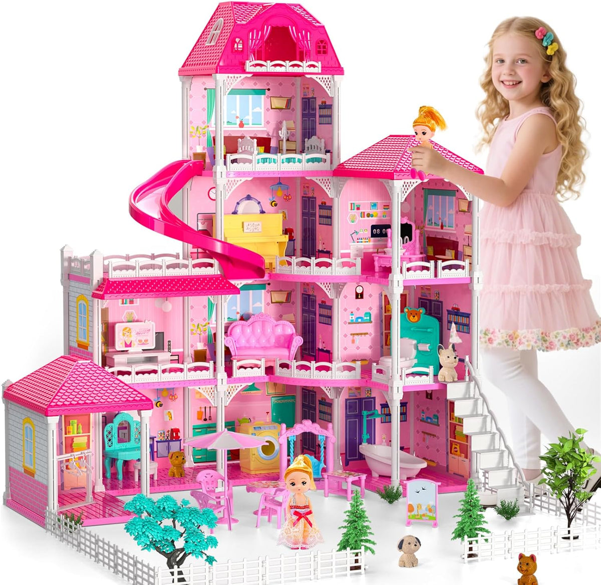 Doloowee - Casa de muñecas DIY de 4 pisos con 2 muñecas, mascotas y...