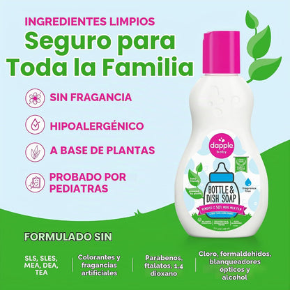 Dapple Baby - Jabón para botellas y platos sin fragancia, 3 onzas l...