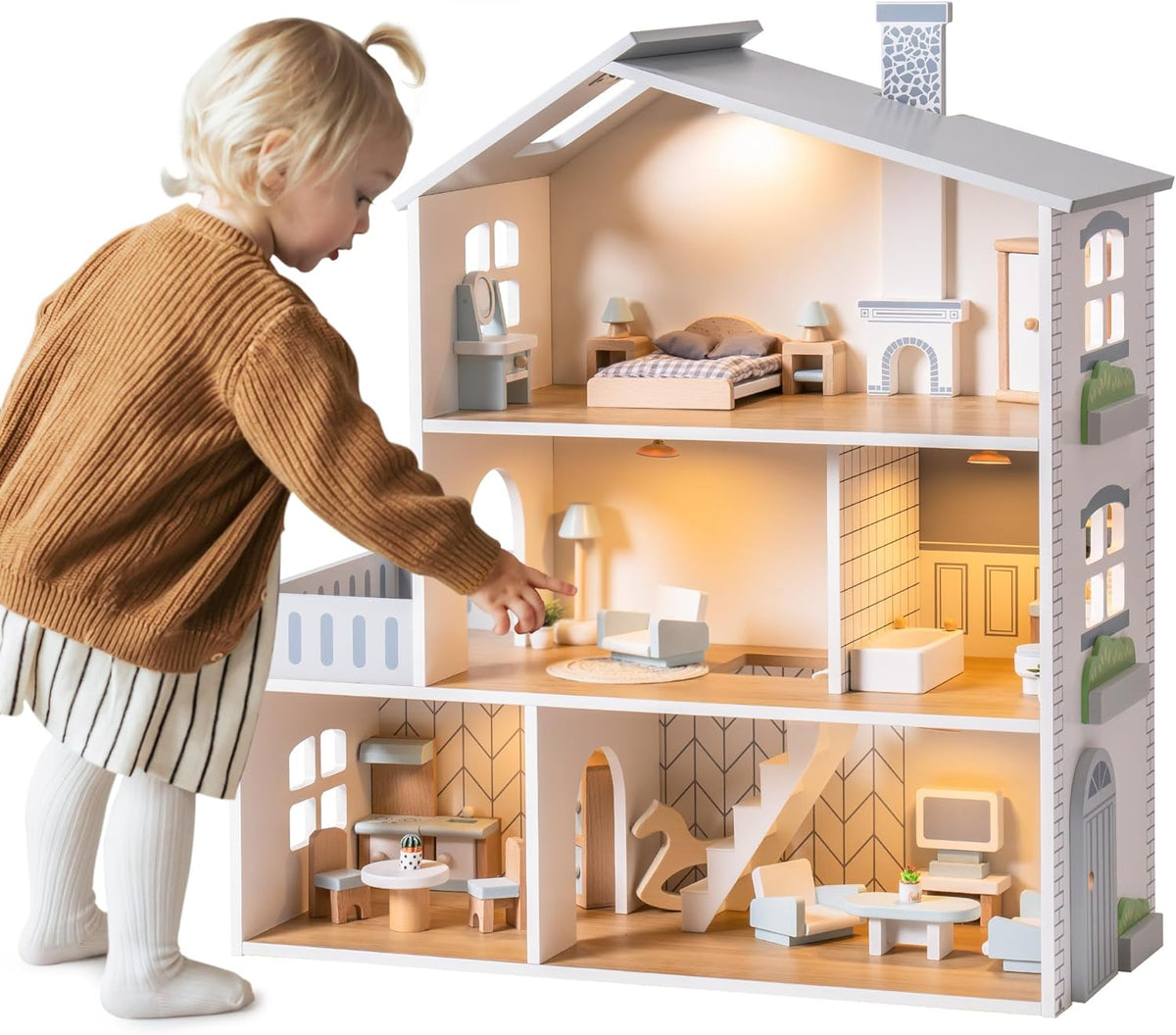 ROBOTIME - Casa de muñecas de madera con 29 muebles, 6 habitaciones...