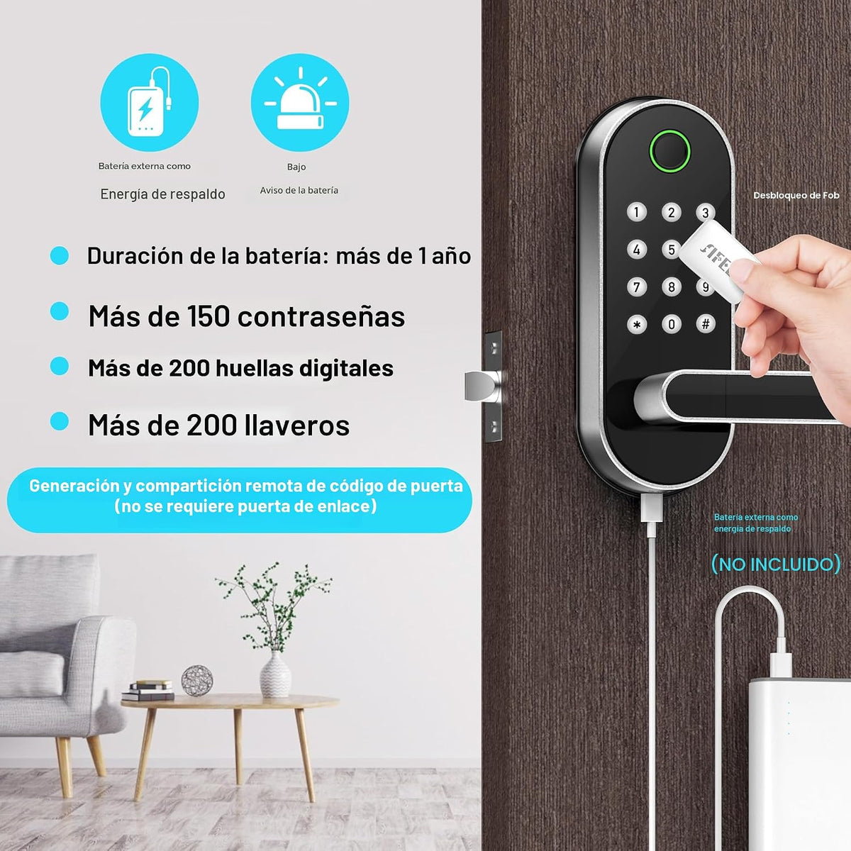 Cerradura de puerta inteligente con huella digital con asa y teclad...