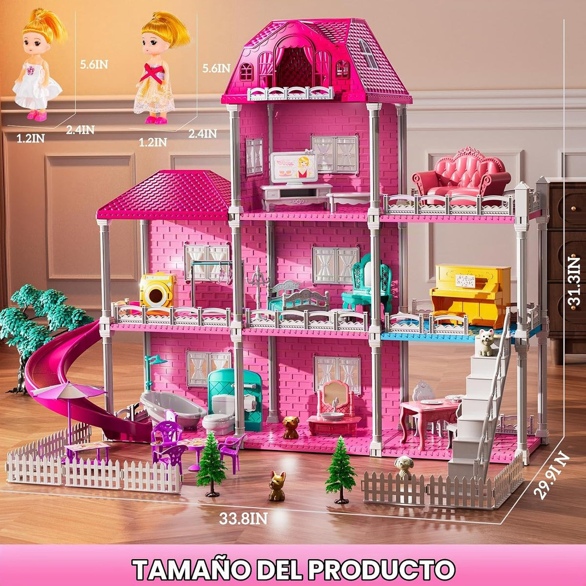 JUKUDAHU Juego de villa para niñas de 3 a 7 años, con 3 pisos, 7 ha...