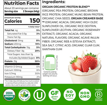 Orgain Proteína en polvo vegana orgánica de 0.74 oz, fresas y crema...