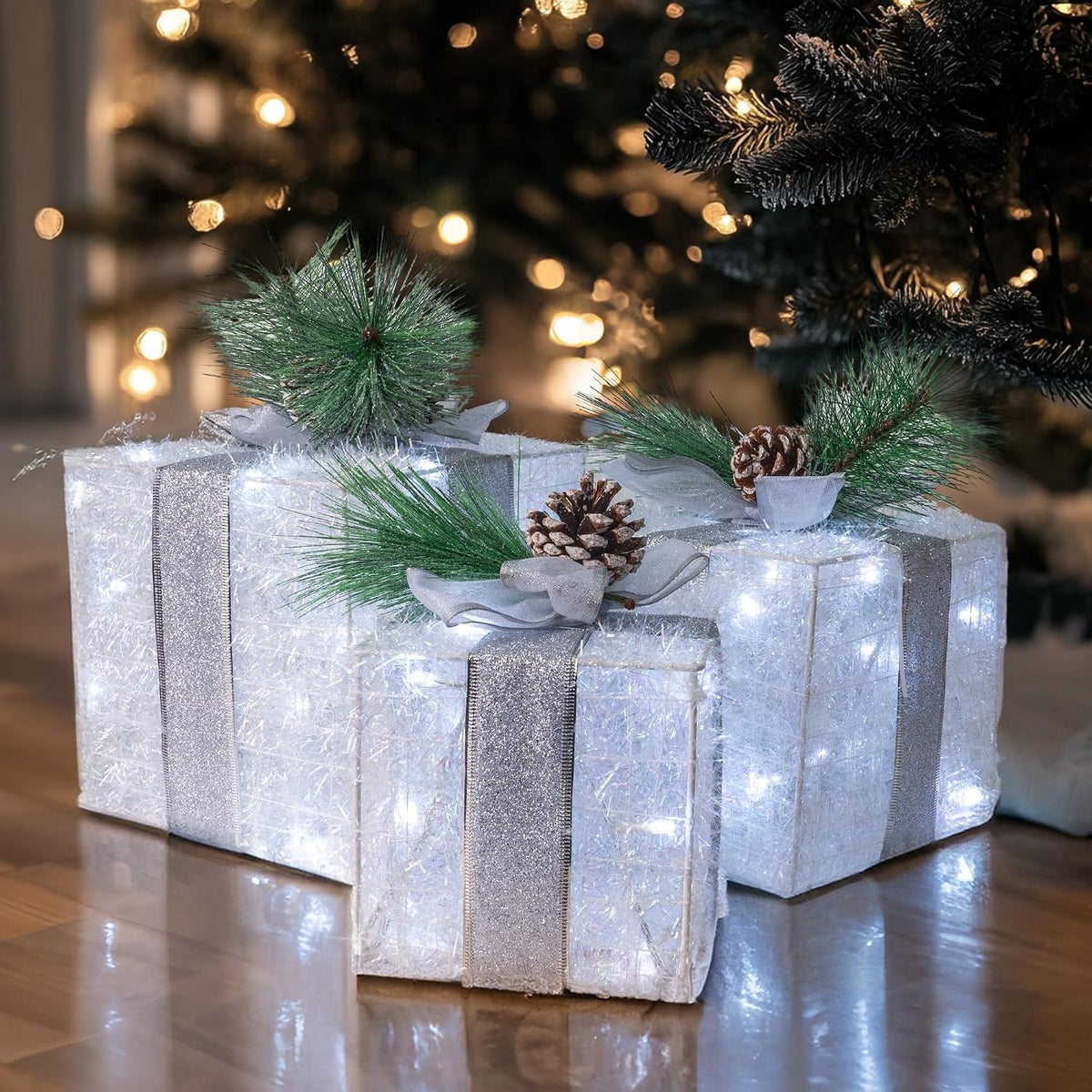 Hourleey - Juego de 3 cajas de regalo iluminadas de Navidad, 60 luc...