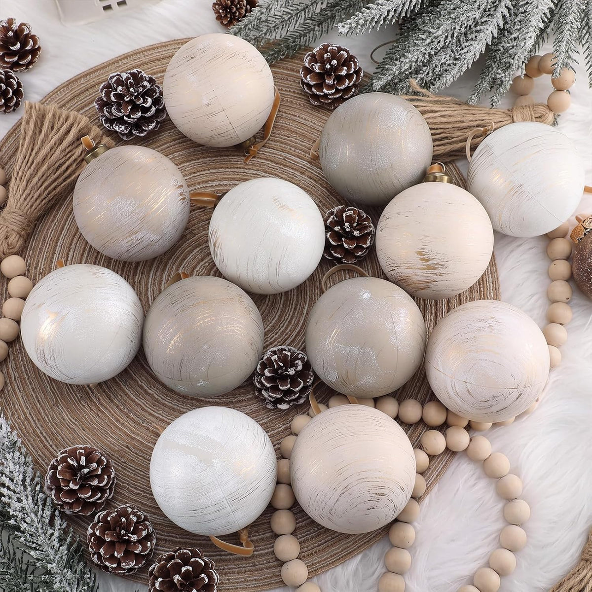 Yunlly 12 adornos de Navidad neutros, marfil gris pardo beige, 4 pu...