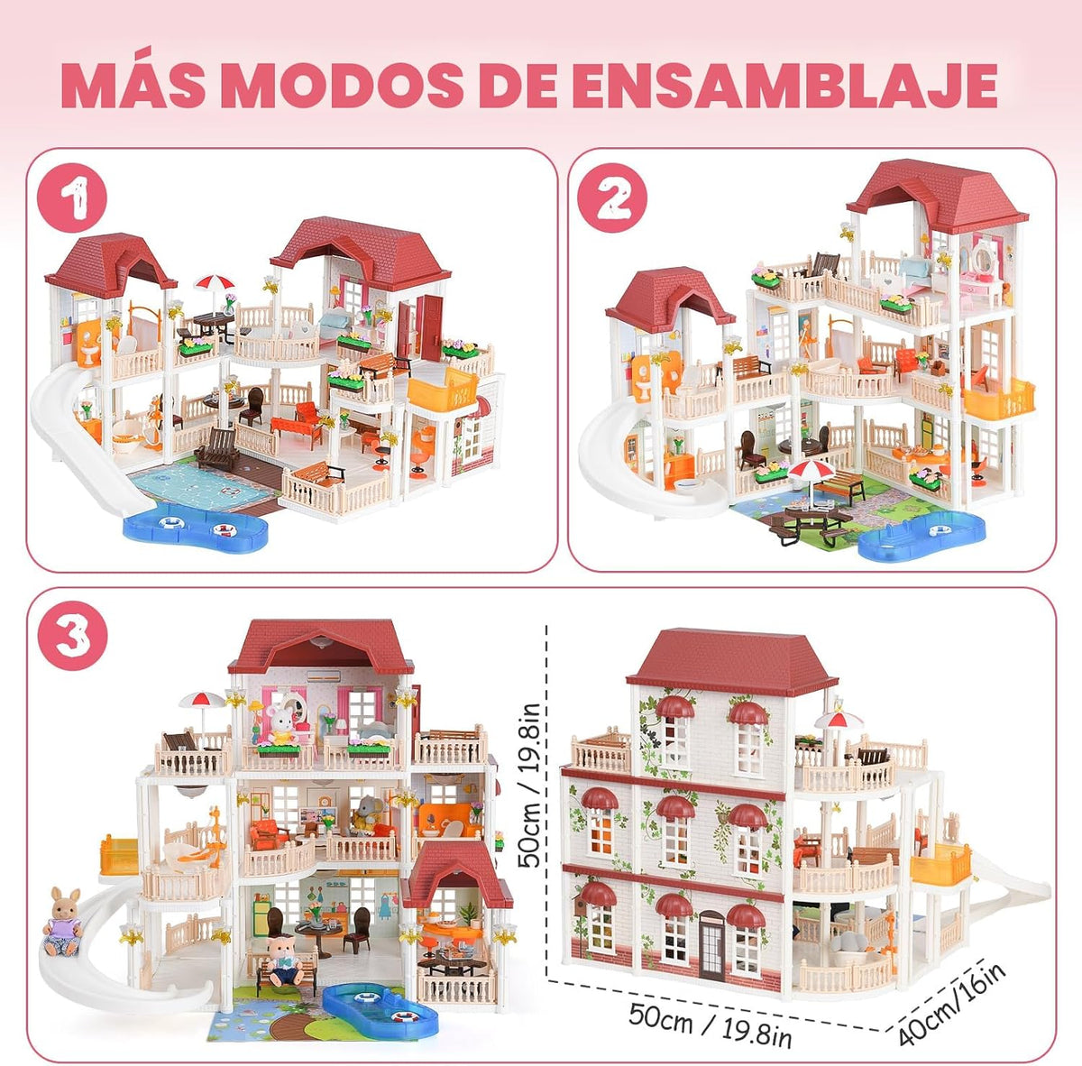 TUZT Casa de muñecas con 45 muebles y accesorios, 3 pisos con 4 muñ...