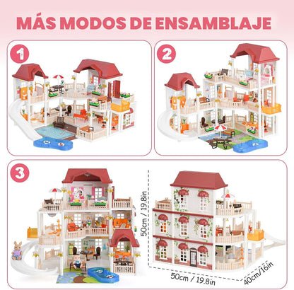 TUZT Casa de muñecas con 45 muebles y accesorios, 3 pisos con 4 muñ...