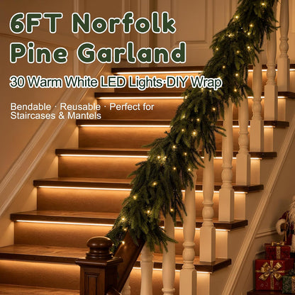 Guirnalda de Navidad de 6 pies con luces, guirnalda de pino Norfolk...