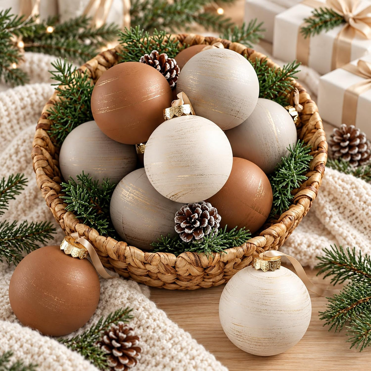 Yunlly - 12 adornos de Navidad neutros 2026, color beige marfil car...