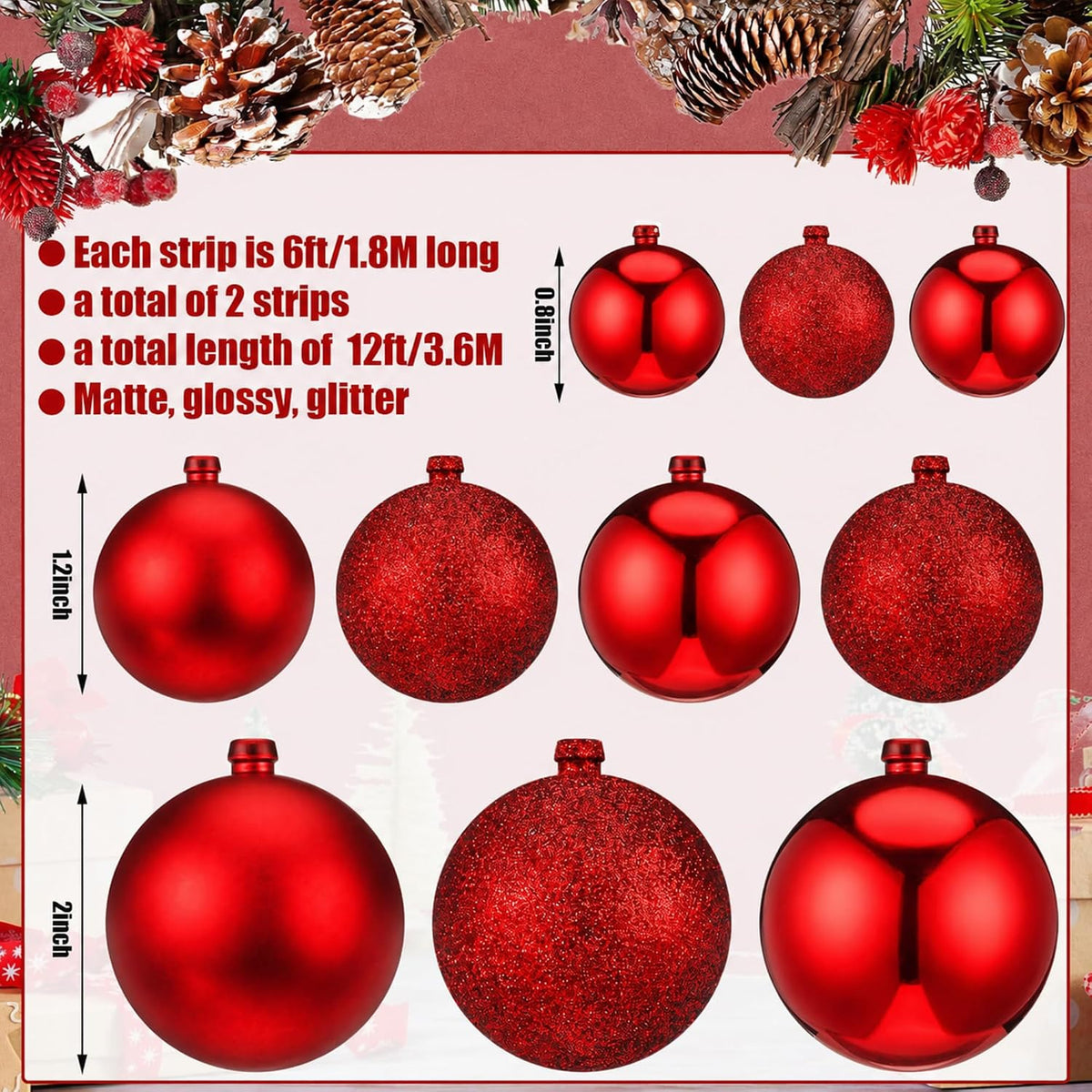 Yuxung 2 guirnaldas de adornos de bolas de Navidad de 6 pies, rojo...