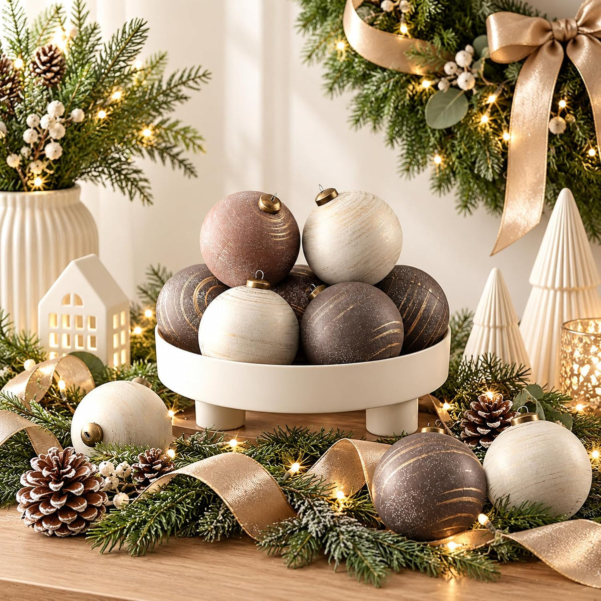Yunlly 12 adornos de Navidad neutros, bronce gris pardo marfil, 4 p...