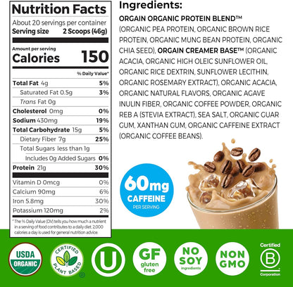 Orgain Proteína en polvo vegana orgánica de 0.74 oz, café helado, 2...