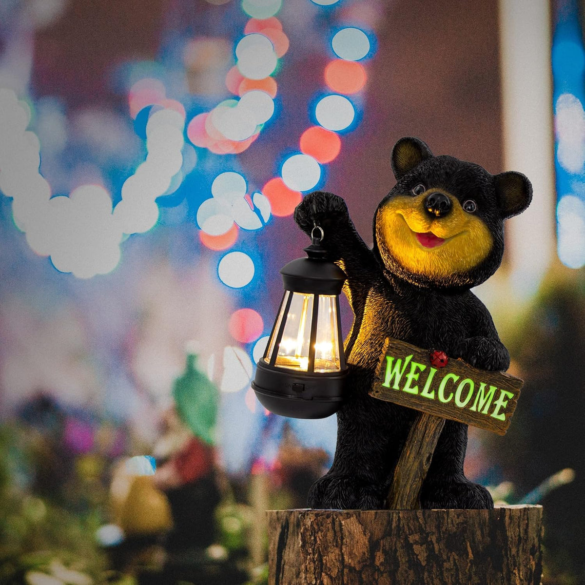 Estatua de oso de jardín Juegoal con farol LED solar, letrero de bi...